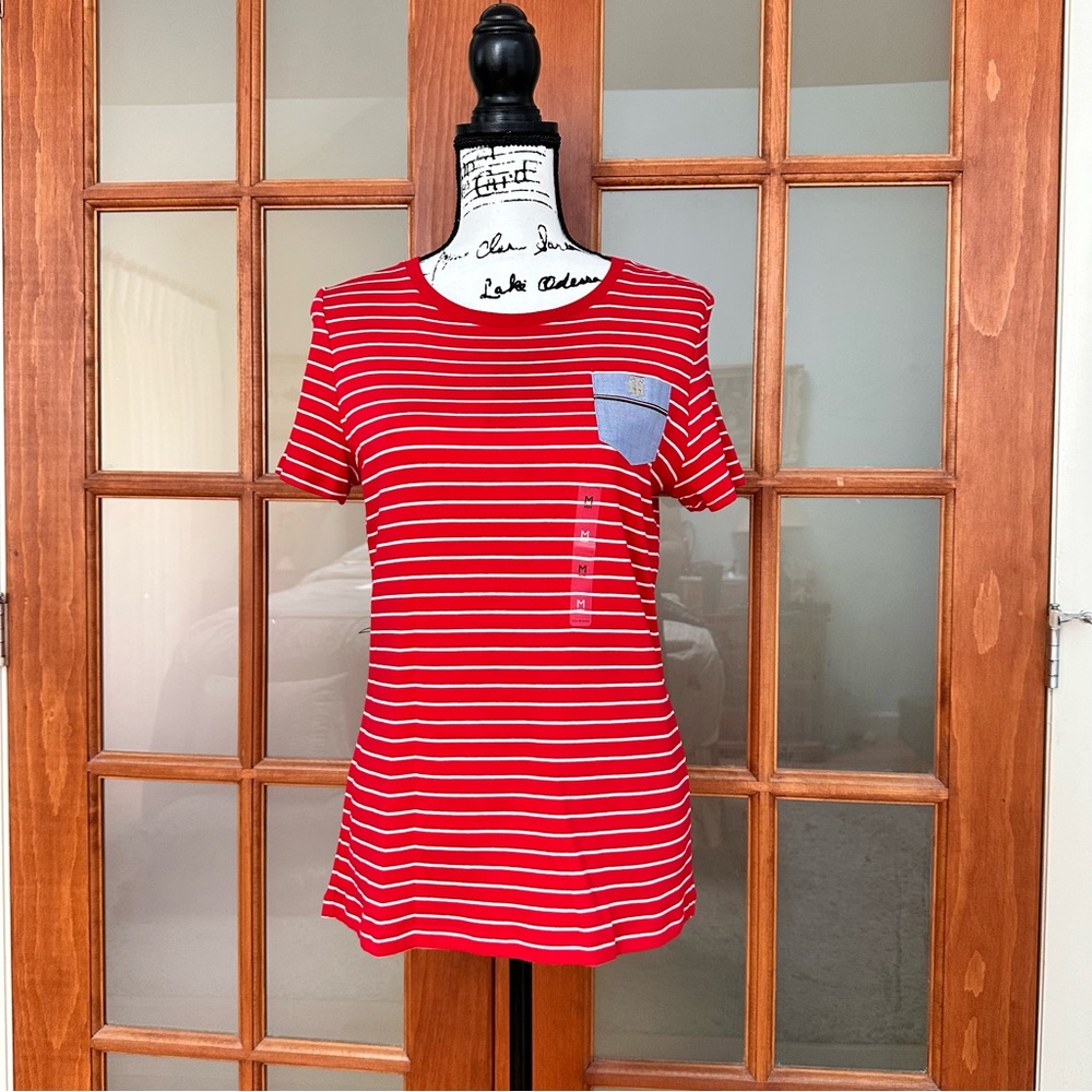 Tommy Hilfiger Red and White Fitted Short Sleeve Tee